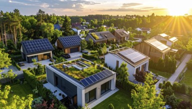 Aerial view showcases modern houses with solar panels and green roofs in a suburban setting,