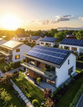 Aerial view showcases modern houses with solar panels and green roofs in a suburban setting,
