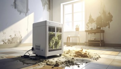 A specialized dehumidifier operates in a mold-infested room following water damage, Shell