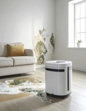 A specialized dehumidifier operates in a mold-infested room following water damage, Shell