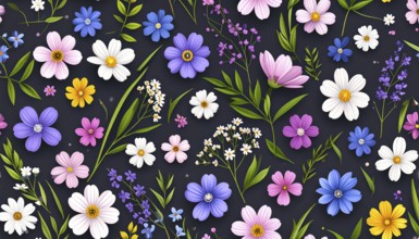 Vibrant wildflowers and grass create a colorful and joyful floral pattern, Variety of wild flowers,