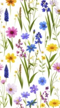 Vibrant wildflowers and grass create a colorful and joyful floral pattern, Variety of wild flowers,