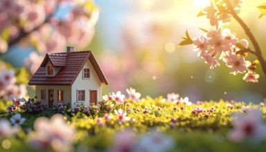 A miniature house surrounded by blooming cherry blossoms and warm sunlight, creating a peaceful and