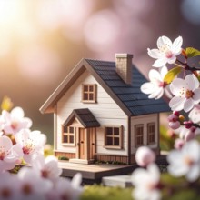 A miniature house surrounded by blooming cherry blossoms and warm sunlight, creating a peaceful and