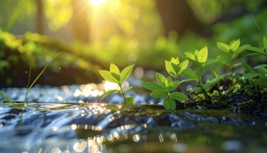 Beautiful spring detailed stream of fresh water, vibrant blooming young green plants, wallpaper