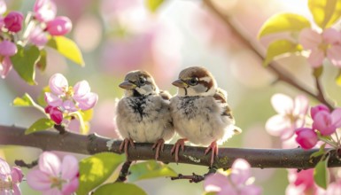 Small funny Sparrow Chicks sit in the garden surrounded by pink Apple blossoms on a Sunny may day,