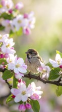 Small funny Sparrow Chicks sit in the garden surrounded by pink Apple blossoms on a Sunny may day,