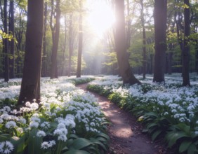 A tranquil forest path lined with white flowers, surrounded by tall trees and bathed in soft