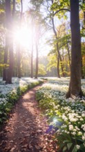 A tranquil forest path lined with white flowers, surrounded by tall trees and bathed in soft