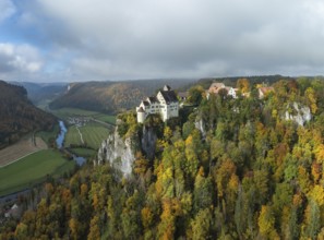 Aerial view of Werenwag Castle and former Werenwag Castle on a rocky spur in the Upper Danube