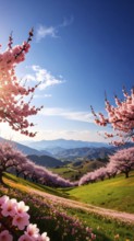 Landscape with a blooming apricot tree, idilyc spring nature, green grass and mountains in