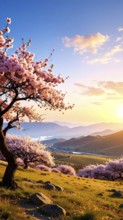 Landscape with a blooming apricot tree, idilyc spring nature, green grass and mountains in