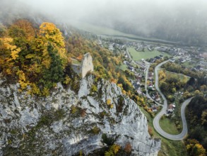 Aerial view of the viewpoint, shovels and Hausen Castle, also known as the Hausen ruins, surrounded