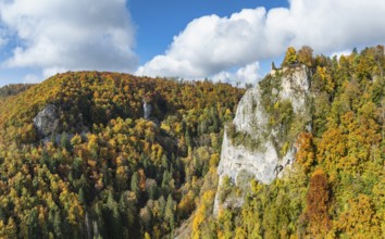 Aerial view of the viewpoint, shovels and Hausen Castle, also known as the Hausen ruins, surrounded