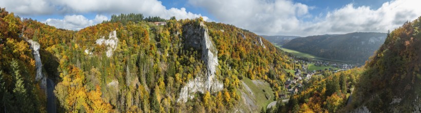 Aerial view, panorama from the viewpoint, shovels and Hausen Castle, also known as the Hausen