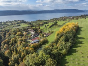 Aerial view of Lake Constance, Überlinger See, surrounded by autumn vegetation with Spetzgart