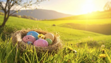 Nest with easter eggs in a basket on grass, sunny spring day, fresh beautiful landscape at