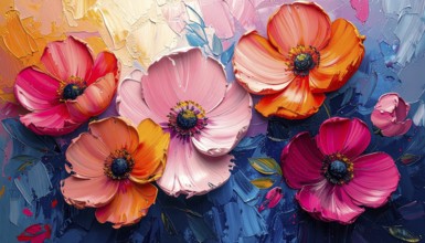 Closeup of abstract rough colorful multicolored organic floral spring flowers art painting texture,