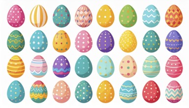 Set of easter eggs flat design on white background, abstract vector wallpaper illustration, banner