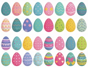 Set of easter eggs flat design on white background, abstract vector wallpaper illustration, banner