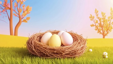 Nest with easter eggs in grass on a sunny spring day, Easter wallpaper decoration drawing, banner,