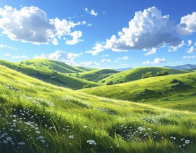 Fresh summer hilly Landscape with blooming Meadow, green plants, Blue Sky with cloudy sky, serene