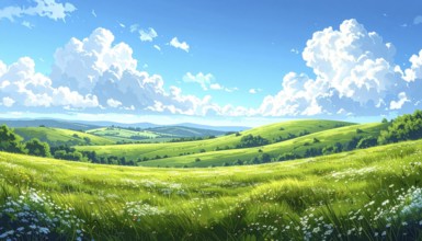 Fresh summer hilly Landscape with blooming Meadow, green plants, Blue Sky with cloudy sky, serene