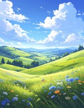 Fresh summer hilly Landscape with blooming Meadow, green plants, Blue Sky with cloudy sky, serene