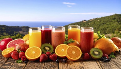 Fresh fruit juices in glasses, surrounded by colorful fruits, showcasing healthy drinking and