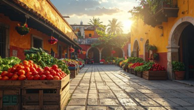 Traditional Mexican plaza with crates of peppers, onions, and tomatoes, economic prosperity in