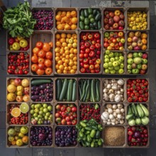 Fresh fruits and vegetables in a market display, aerial view perpendicular top down, healthy eating