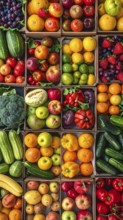 Fresh fruits and vegetables in a market display, aerial view perpendicular top down, healthy eating