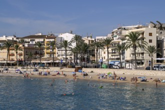 View of the beach and old town of Jávea or Xàbia, Alicante Province, Comunidad Valenciana, Spain