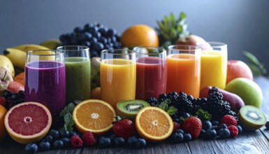 Fresh fruit juices in glasses, surrounded by colorful fruits, showcasing healthy drinking and
