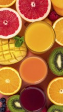Fresh fruit juices in glasses, surrounded by colorful fruits, showcasing healthy drinking and