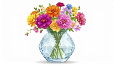 Crystal glass vase with vibrant blooming flowers, vibrant vector drawing illustration for fresh