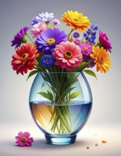 Crystal glass vase with vibrant blooming flowers, vibrant vector drawing illustration for fresh