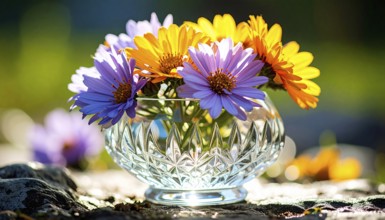 Crystal glass vase with vibrant blooming flowers, fresh spring and summer concept, AI generated