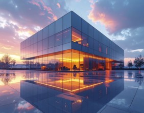 Modern building reflecting sunset light at dusk. Abstract Futuristic Business Background, AI