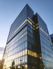 Modern building reflecting sunset light at dusk. Abstract Futuristic Business Background, AI