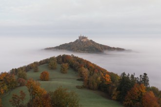 Hohenzollern Castle in a sea of fog at sunrise, autumn in the Swabian Jura