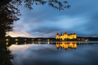 Moritzburg Castle in the blue hour, castle pond, reflection, sunset, Moritzburg, Saxony, Germany