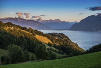 Panorama, Lake and mountains, Tour-de-Gourze, Riex, Sunset, Lavaux, UNESCO World Heritage Site,