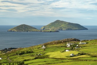 Elevated view over green meadows bordered by natural stone walls and typical cottages to the