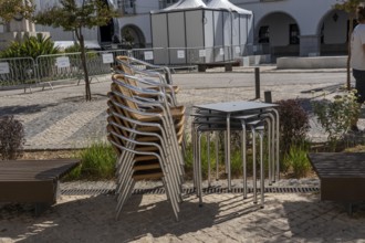 Restaurant furniture, for outdoor catering, tables, chairs, stacked, day off, catering closed, old