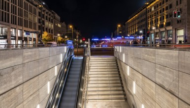 Night photo, long exposure with motion blur, modern underground entrance at Unter den Linden