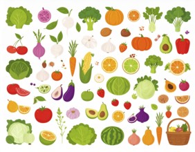 Spring and summer fruit and vegetable element set, vector illustration, AI generated