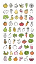 Spring and summer fruit and vegetable element set, vector illustration, AI generated