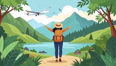 Traveling and hiking in mountain landscape, abstract vector illustration, AI generated image