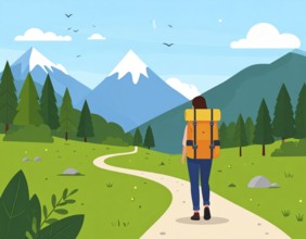 Traveling and hiking in mountain landscape, abstract vector illustration, AI generated image